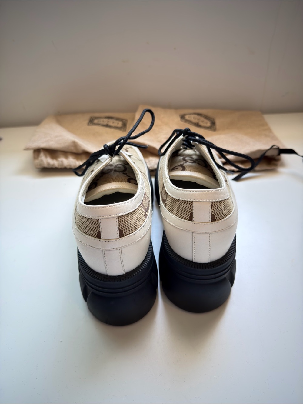 Gucci Cream and Brown Logo Lace-Up Platform Boots - Picture 4 of 4